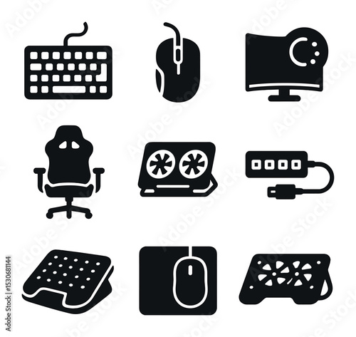 Competitive Gaming Gear Icons. Solid, filled icons set of competitive gaming gear: mechanical keyboard, gaming