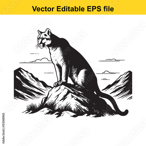 Majestic Cougar Perched on a Mountaintop, Black and White Vector Illustration