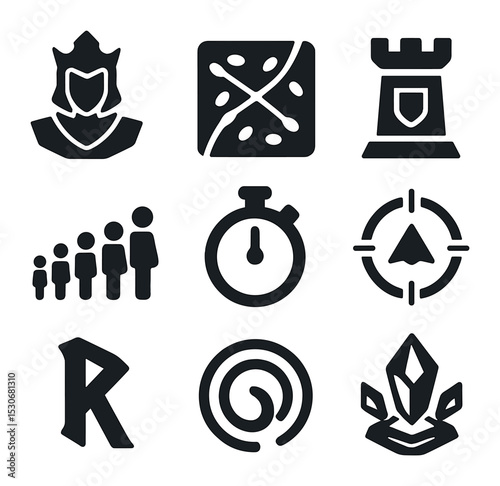 MOBA Tournament Icons. Solid, filled icons set of MOBA tournaments: champion icon, jungle map, cooldown timer,