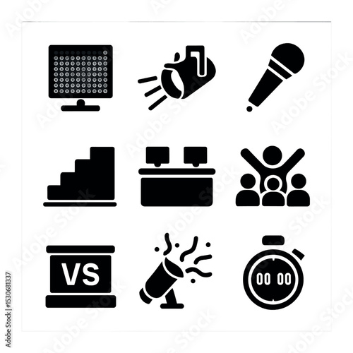 Esports Stage Icons. Solid, filled icons set of esports stage design: LED panel, spotlight, announcer mic,
