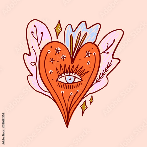 Sacred heart mystical boho hand drawn sketchy style handmade illustration. Trendy bohemian vintage love symbol element in catholic aesthetic Valentines day clipart print