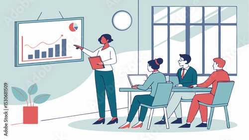 Woman presenting graph to colleagues in a meeting room with a window and a plant near the board