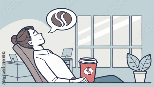 Woman relaxing in chair with coffee cup and coffee bean thought bubble in office setting view of window