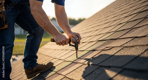 Roofing Contractor Installing Asphalt Shingles at Sunset