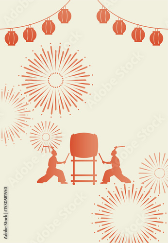 お祭りイメージの背景イラスト素材 ベクター 和太鼓 提灯 花火 夏 イベント シルエット