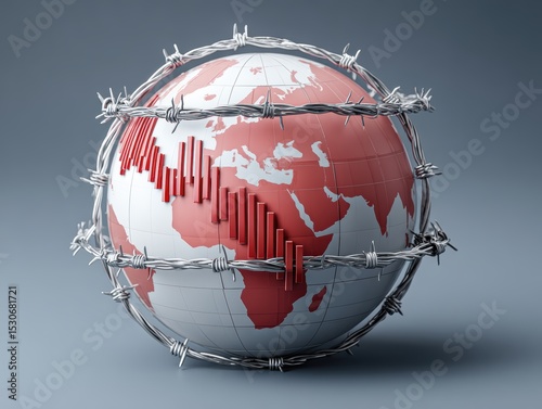 An earth globe entangled in red graphs and barbed wire symbolizes the looming trade collapse and global recession crisis.