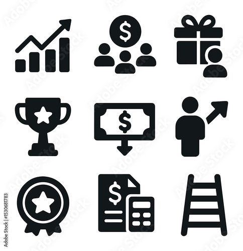 Financial Incentives Icons. Solid, filled icons set of financial incentives: stock options chart,