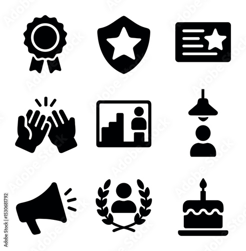 Employee Recognition Icons. Solid, filled icons set of employee recognition programs: award ribbon, star badge