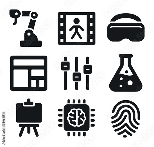 Creative Tech Icons Grid. Solid, filled icons set of creative technology partnerships: robotic arm, animation