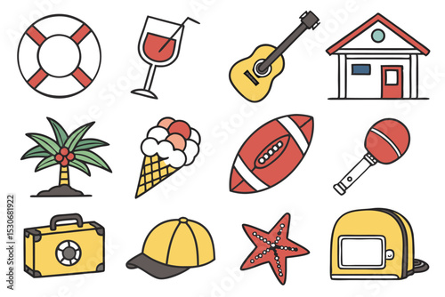 Collection of summer vacation icons beach travel and leisure activities