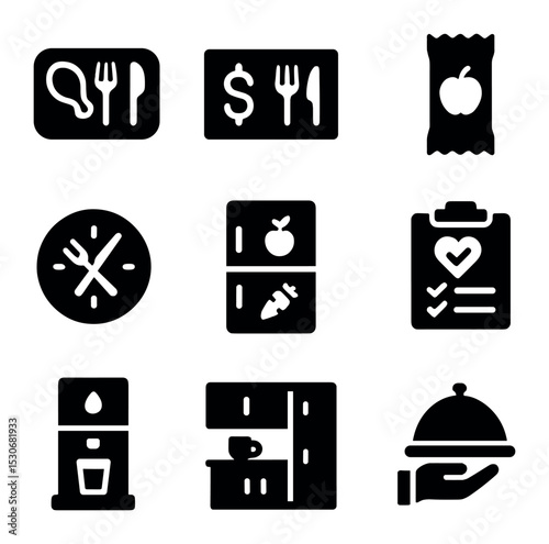 Nutrition Icons Grid. Solid, filled icons set of meals and nutrition benefits: cafeteria tray, food voucher,