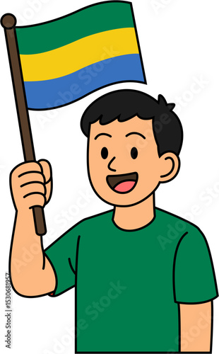 A man is holding the Gabon flag