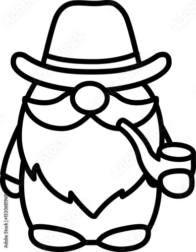 Cute Father's Day gnome cartoon black line style. 
Father's Day gnome holding a pipe  black outline design isolated.
Transparent background. SVG file.