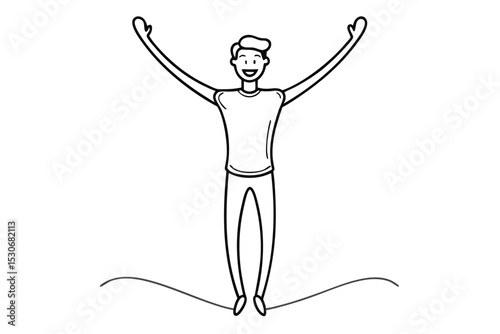 Continuous single line drawing of a jubilant man celebrating a victory isolated on transparent background