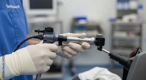 Gloved Hands Carefully Handling a Medical Endoscope in a Sterile Operating Room
