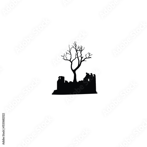 a tree growing out of the ruins of an old castle silhouette on white background