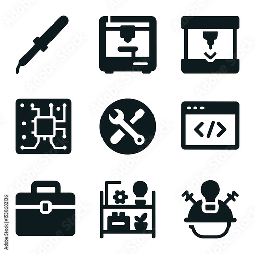 Maker Icons Grid. Solid, filled icons set of maker and hacker spaces: soldering iron, 3D printer, laser cutter