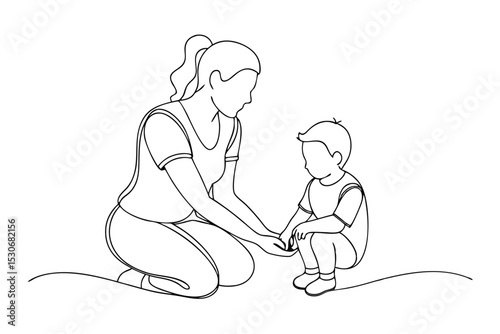 Continuous single line drawing of a mother and toddler isolated on transparent background