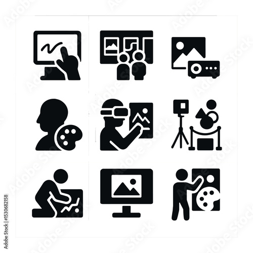 Innovative Art Icons. Solid, filled icons set of collaborative art and tech exhibits: interactive screen,