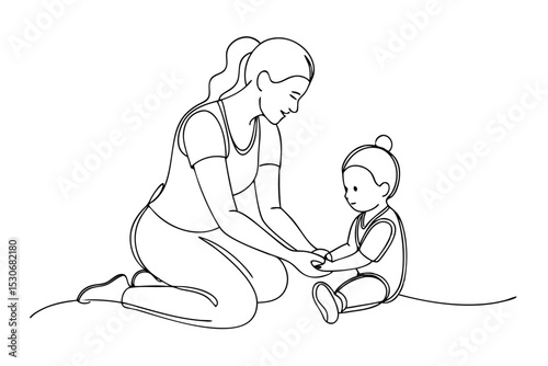 Continuous single line drawing of a mother and toddler isolated on transparent background
