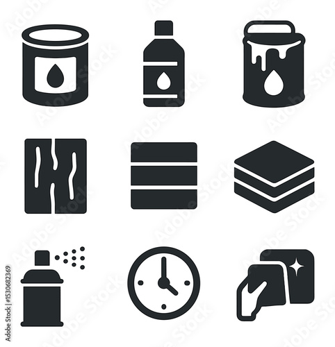 Furniture Finish Icons. Solid, filled icons set of furniture painting finishes: matte can, satin bottle, gloss