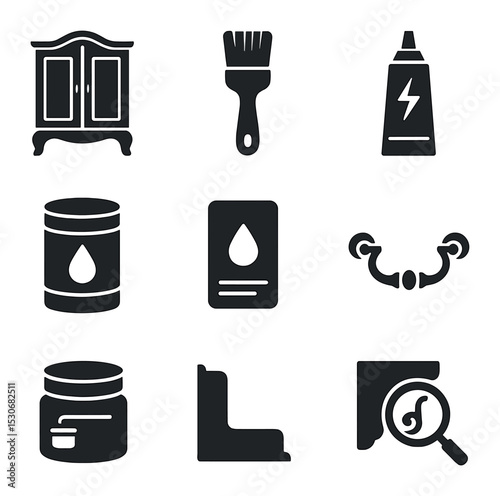 Antique Furniture Restoration Icons. Solid, filled icons set of restoring antique furniture: vintage armoire,