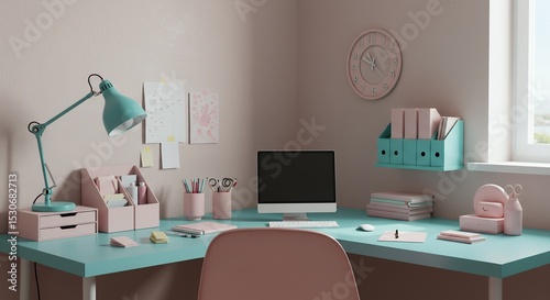 Pastel Workspace: Mint Desk with Pink Accessories and Computer