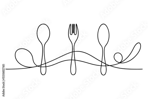 Continuous line drawing of cutlery set isolated on transparent background