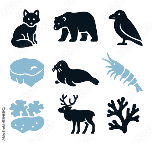 Arctic Symbiosis Icons. Solid, filled icons set of arctic ecosystem symbiosis: arctic fox, polar bear,