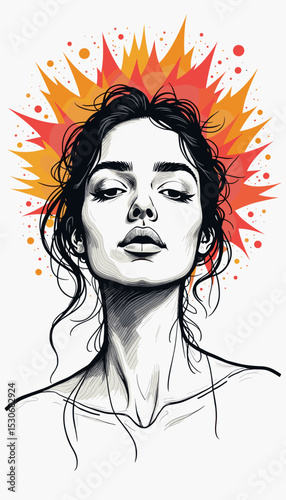 Artistic portrait of a confident woman with expressive features and vibrant explosion background
