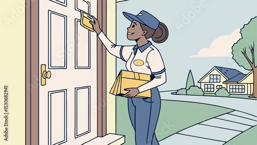 A delivery woman putting a yellow flyer on a white door in front of a house on a sunny day outside street