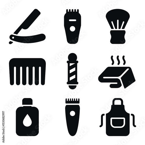 Barbershop Icons Grid. Solid, filled icons set of barbershop elements: straight razor, clippers, shaving brush