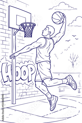 Basketball player dunking on outdoor court line art illustration