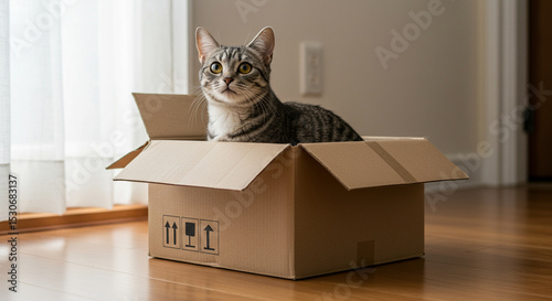 A tabby cat sits comfortably inside a cardboard box on a polished wooden floor, near a window with sheer curtains.