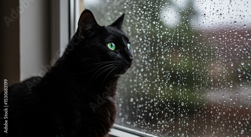 Black cat gazes out rain-streaked window, observing the downpour.