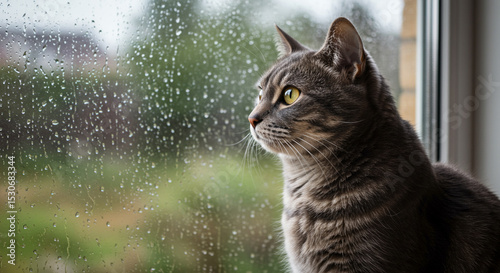 A grey tabby cat sits by a rain-streaked window, gazing intently at the outdoor scene.