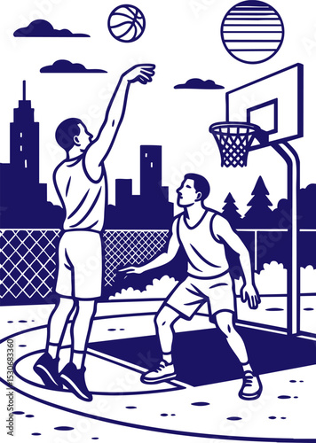 Basketball players shooting and defending on outdoor court line art