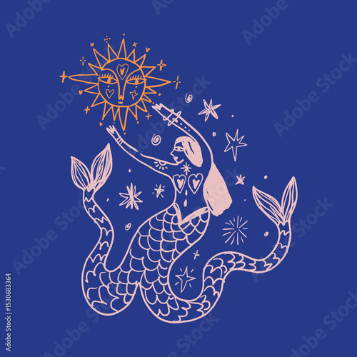 Two-tailed Melusine mermaid undine in blue greek Santorini island palette, seamaiden illustration, graphic design elements for surf or spa and yoga studio. Vector water nymph illustration clip-art