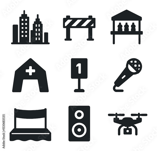 City Marathon Icons. Solid, filled icons set of city marathon scenery: city skyline, blocked street, hydration
