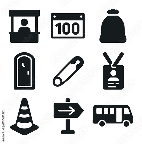 Race Day Icons. Solid, filled icons set of race day logistics: check-in booth, race number tag, gear check bag