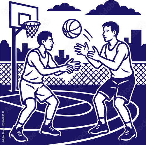 Two players passing basketball on outdoor court line art style