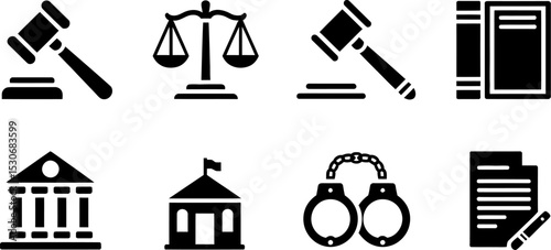 Law and justice icons set vector illustration of court gavel balance books handcuffs and legal documents editable stock vector illustration