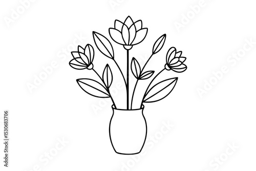 Elegant line art floral design featuring flowers in a vase isolated on transparent background