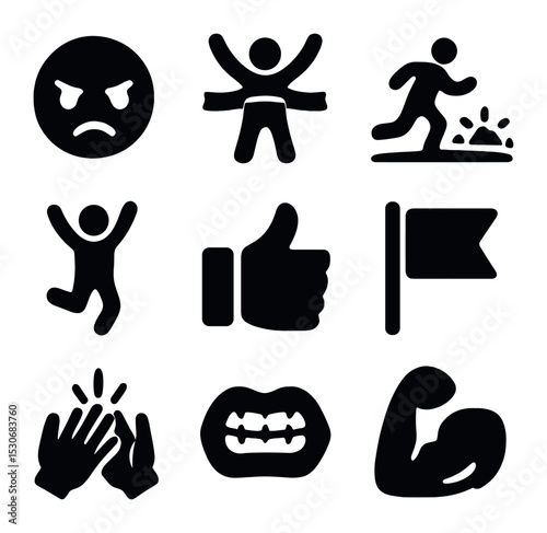 Motivational Race Icons. Solid, filled icons set of motivational race themes: determination face, finish line