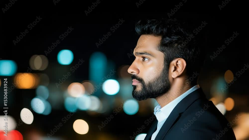 CEO in deep thought in elegant office attire with soft ambient lighting and negative space chaos