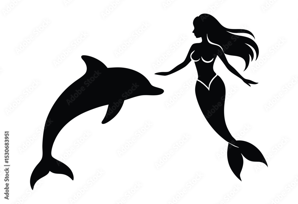 Fototapeta premium Dolphin and Mermaid Silhouette Vector Illustration for Sea Theme Design, Fantasy Ocean Artwork