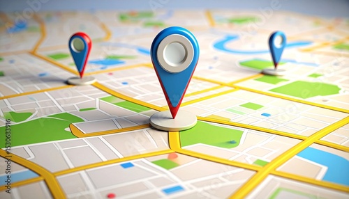 Map with three red and blue pins on it. The pins are placed in the middle of the map
