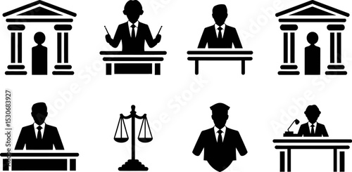 Court justice legal system law courthouse judge attorney lawyer scales gavel icons vector illustration editable stock vector illustration