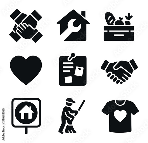 Community Resilience Icons. Solid, filled icons set of community resilience: joined hands, rebuilding house,