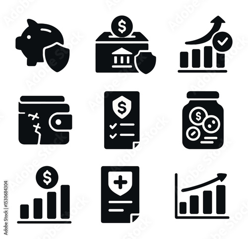 Financial Resilience Icons. Solid, filled icons set of financial resilience: piggy bank with shield, emergency